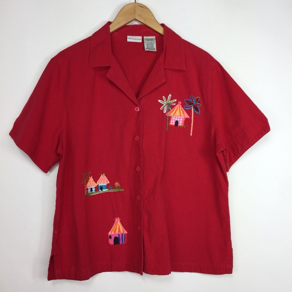 Vintage White Stag Red Embroidered Button Down Top